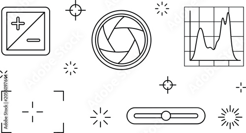 Photography Camera exposure settings and photography line icon set with aperture shutter his