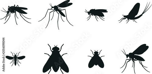 Tableau sur toile Set of black silhouettes of flying insects including mosquitoes and flies on a w