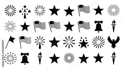 Set of black patriotic american symbols including flags stars fireworks liberty bell and torch.