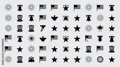 American independence day icons collection featuring stars flags bells and patriotic hats.