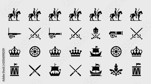 Fényképezés Collection of historical military and royal icons with cannons crowns and soldiers