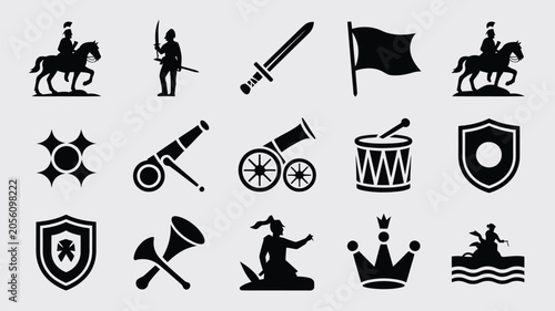 Fényképezés Military warfare icons with cavalry soldiers swords cannons shields and royal crown signs