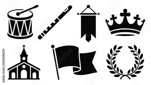 Bild auf Leinwand Medieval regalia set with musical drum traditional flute banner royal crown and cathedral