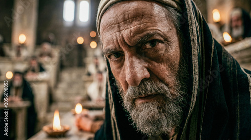 Apostle Peter and John standing before the Jewish religious council. Biblical scene depicting the trial of followers of Jesus. Ancient middle eastern gathering with priest and elder