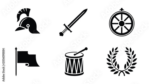 Set of black and white vector icons representing roman empire and medieval military history.