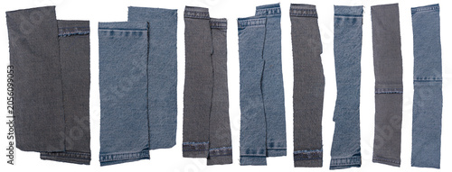 Isolated collection of denim stripes of fabric with copyspace on white background	