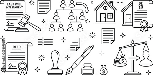 Photos Inheritance Law and Will Testament Icon Set with Property Deed Scale and Legal D
