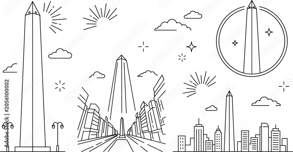 Naklejka premium Obelisk of Buenos Aires and Argentina cityscape line icon set with landmark monuments and streetscapes