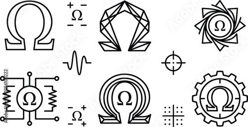 Photos Omega Symbol Electronic Resistance Icon Set with Circuit Component Gear and Tech