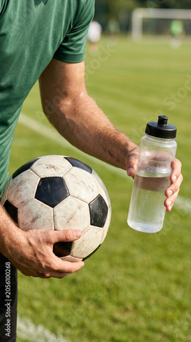 Extreme close-up of a soccer player holding a classic football and a bottle of drinking water on a green grass field, minimalist sports hydration and fitness concept