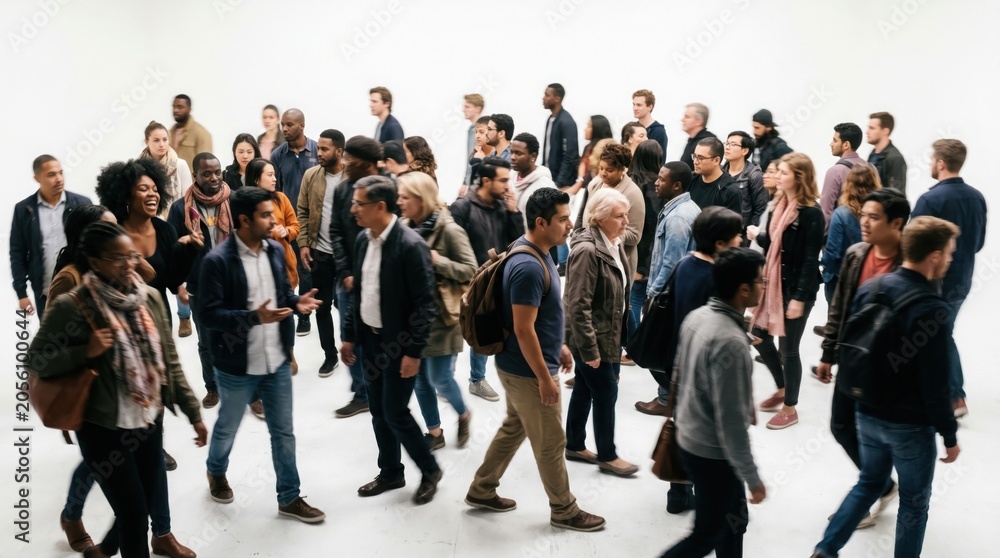 Obraz premium A large group of people walk together in a crowded indoor setting with diverse individuals and business casual attire.