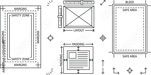 Tableau sur toile Page layout specifications and prepress printing guide line icon set with bleed