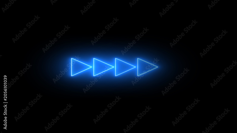 Fototapeta premium Four blue glowing neon triangle arrow outlines on black background with triangle direction navigation movement sequence isolated