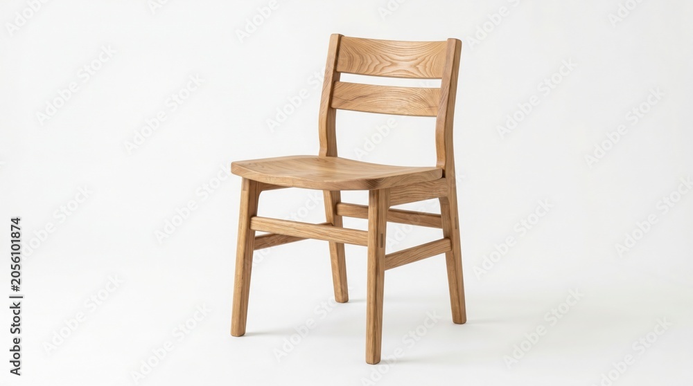 Obraz premium A single wooden chair sits alone in a plain white room interior.