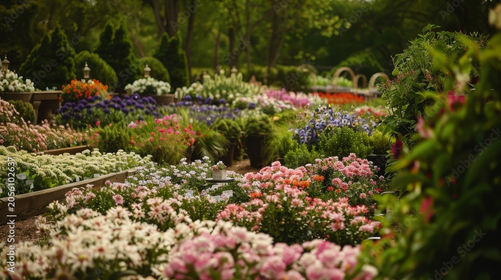 Obraz premium Colorful flower garden filled with various blooming plants including pink, purple, and white flowers surrounded by lush greenery and decorative stone pathways