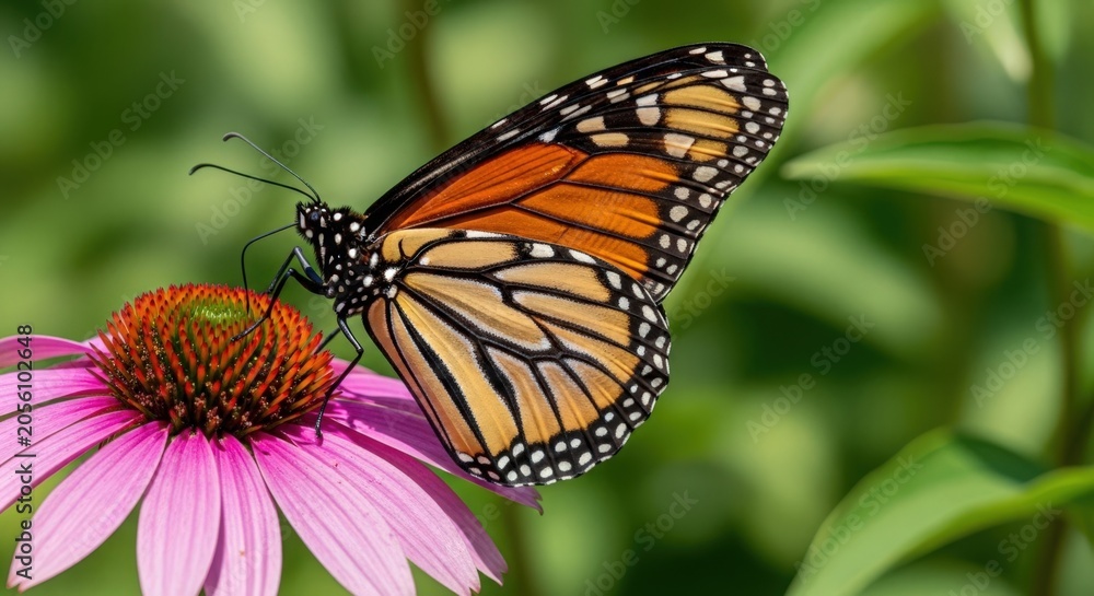 Obraz premium Monarch butterfly on pink flower with vibrant colors and intricate patterns in natural setting. Butterfly features striking orange and black wings, resting on echinacea bloom.