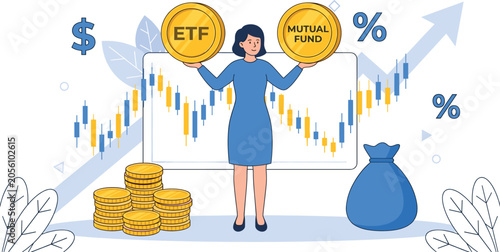 Female financial advisor comparing ETF and mutual fund options for investment portfolio diversification vector illustration
