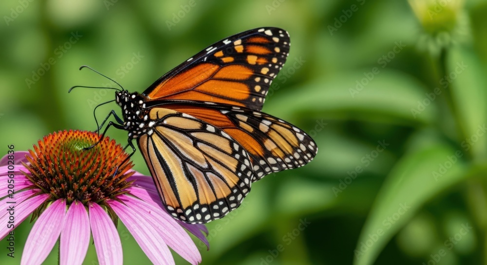 Obraz premium Monarch butterfly on pink echinacea flower in garden providing vibrant nature scene. Colorful monarch butterfly gathers nectar from blossoming echinacea.