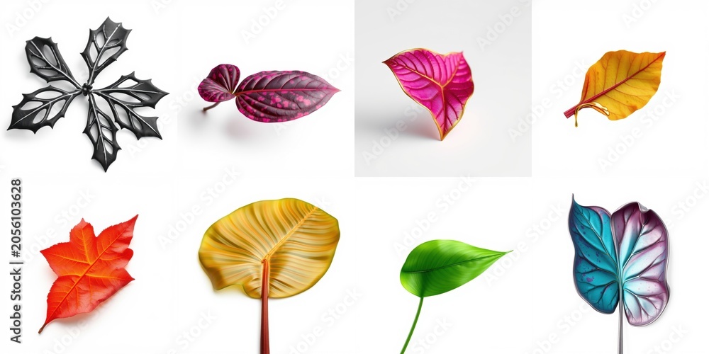 Fototapeta premium Colorful leaves displayed. Variety exists within shapes, sizes, hues. Brightness contrasts against dark background. Botanical illustration.