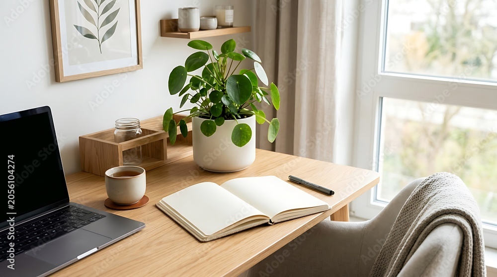 Fototapeta premium Modern Minimalist Home Office Workspace with Pilea Plant and Laptop