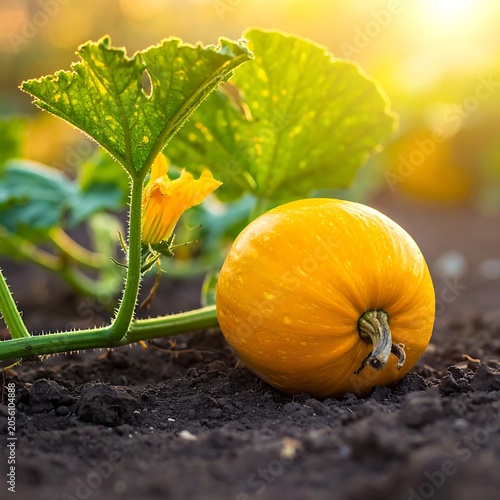 A small, yellow-orange pumpkin on the ground beside a green vine
