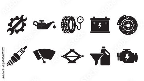 Black car repair, automotive service icons, 10 symbols, EPS vector graphics