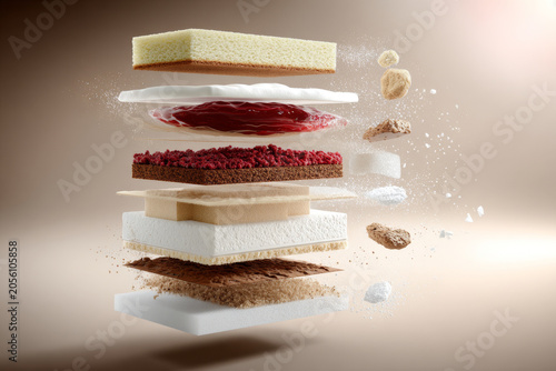 Infographic displaying exploded layers of sponge cake with berry filling, arranged vertically on a white plate, set against a soft brown backdrop