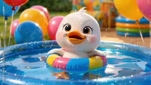 Delightful 3D animated duckling paddling an inflatable ring at a sunny poolside gathering, perfect for cheerful summer vacation promotions
