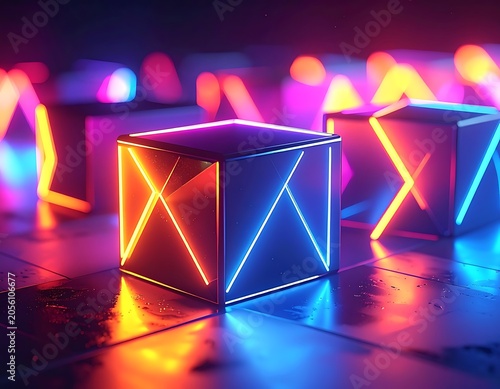 Neon-lit cubes with vibrant reflections