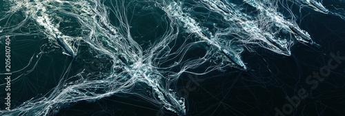 Dark ocean chart shows ships navigating autonomously, plotting courses while avoiding obstacles in a complex routing scenario over time.