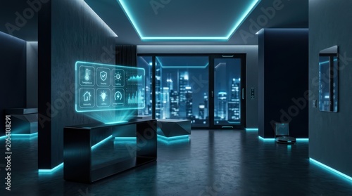 Modern interior design with holographic interface and city view at night