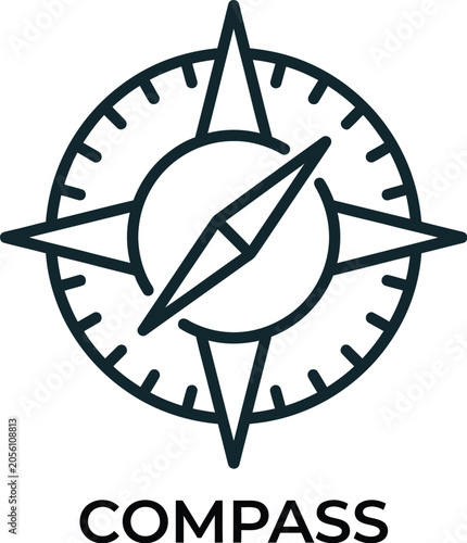 Minimalist black outline compass icon design featuring sharp needle points