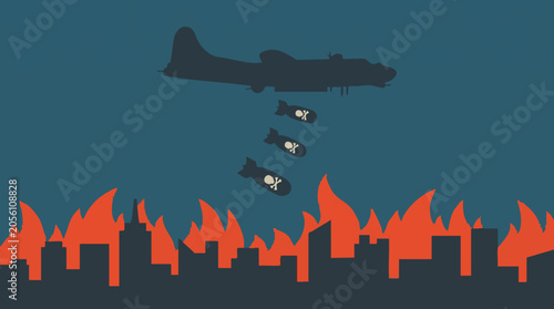 Schilderij op canvas Bomber plane dropping deadly skull bombs on burning city silhouette