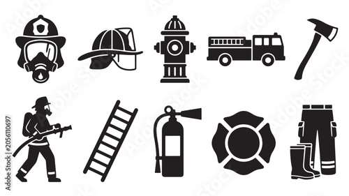 Firefighting icons set including firefighter, helmet, hydrant, truck, axe, ladder, extinguisher