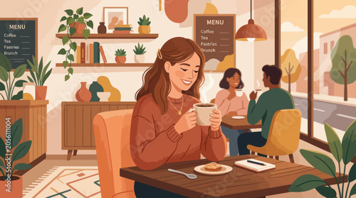Foto A person enjoys a warm beverage in a cozy cafe setting with others present