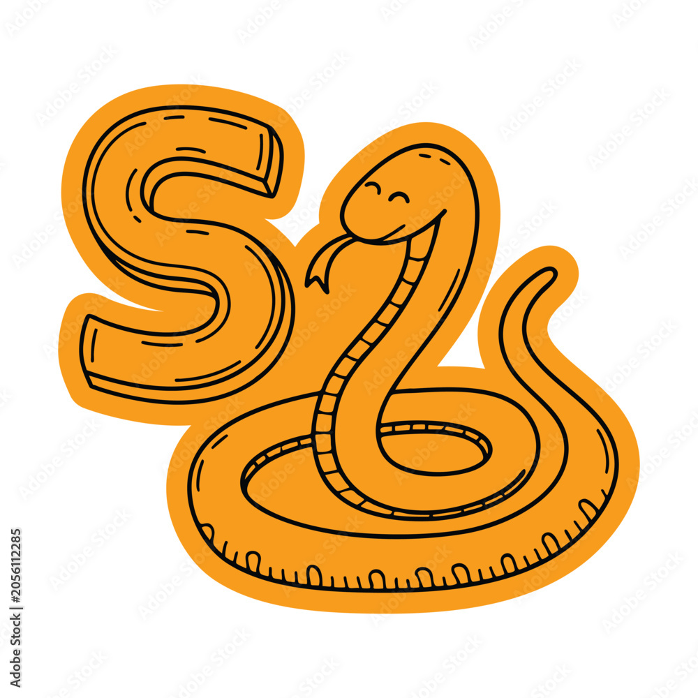 Obraz premium Snake with Letter S Sticker Doodle Illustration