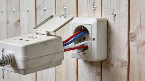 Wiring diagram showing electrical outlet with exposed wires connected to a power socket on wooden panel