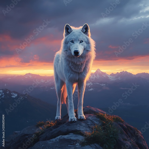 A large wolf on the mountaintop at sunset.