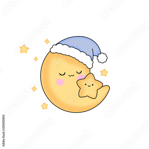 Cute Sleeping Moon and Star Kawaii Illustration Adorable Night Sky Cartoon Character, Nursery Clipart, Baby Room Decor, Dreamy Celestial Sticker Design