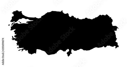 Vector map of Turkey, a transcontinental country, located in Asia and Europe. Detailed black silhouette, isolated on white background.