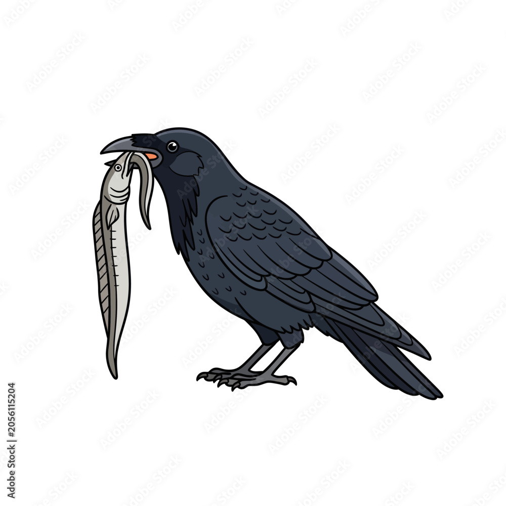 Obraz premium Black Crow Holding a Fish in Beak