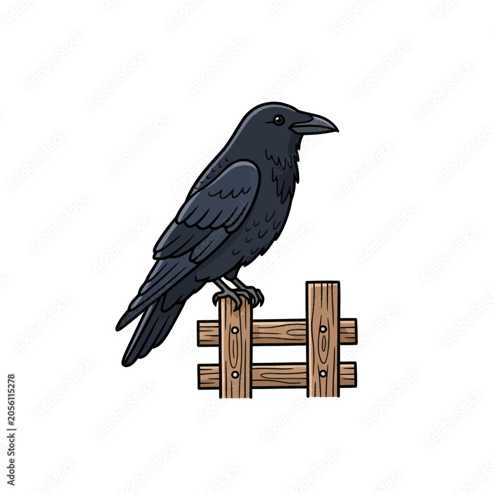 Obraz premium Black Raven Perched on Wooden Fence Illustration