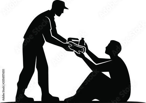 Картината върху платно Silhouette of man helping and giving food to needy person with humanitarian silh