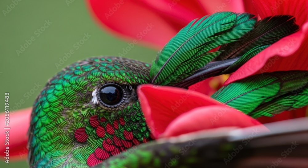 Obraz premium Close-up of hummingbird feeding on vibrant red flower petals showcasing intricate details of plumage and floral texture. Hummingbird delights in sweet nectar from vivid flowers in nature setting.