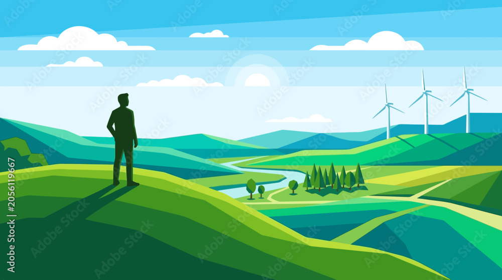 Obraz premium A wide flat vector scene featuring a silhouette of a person standing on a hill with a wind turbine in the distance. Clean, environmental, sustainable theme, solid geometric shapes, vibrant landscape c
