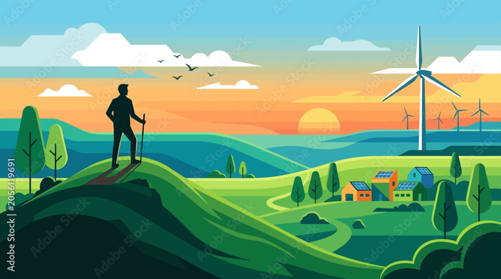Fototapeta premium A wide flat vector scene featuring a silhouette of a person standing on a hill with a wind turbine in the distance. Clean, environmental, sustainable theme, solid geometric shapes, vibrant landscape c