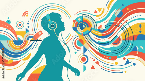 A creative flat vector art piece featuring the silhouette of a person wearing large headphones. Floating sound waves represented by simple, elegant, geometric lines and shapes in the background. Moder