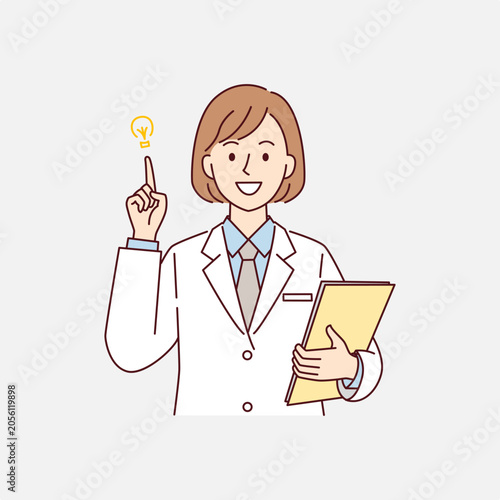 Young smiling female doctor with an idea, holding a folder, pointing at a glowing lightbulb