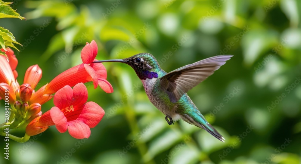 Naklejka premium Hummingbird feeding on vibrant red flower with green background, showcasing incredible iridescent feathers and delicate wings. Nature's beauty captured in hummingbird's interaction with flower.