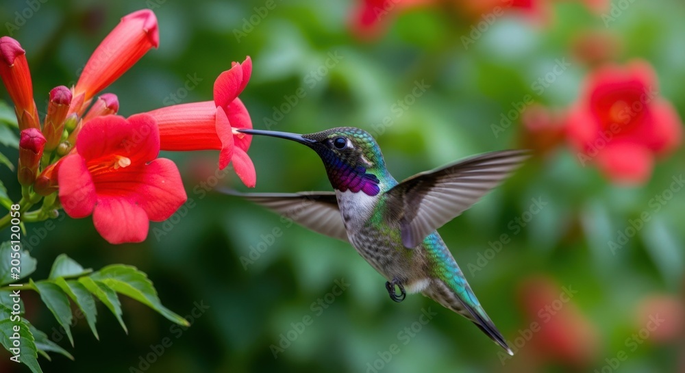 Obraz premium Hummingbird feeding on vibrant red flowers in lush garden. Hummingbird displays iridescent colors while hovering near blossoms, enjoying sweet nectar.